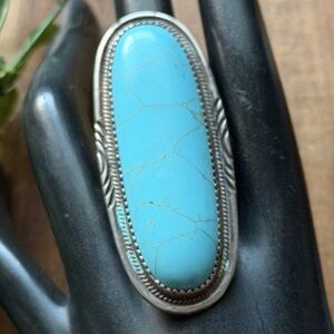 Vintage Old Pawn Navajo Sterling Silver Blue Turquoise Ring Size 7.5 Signed
